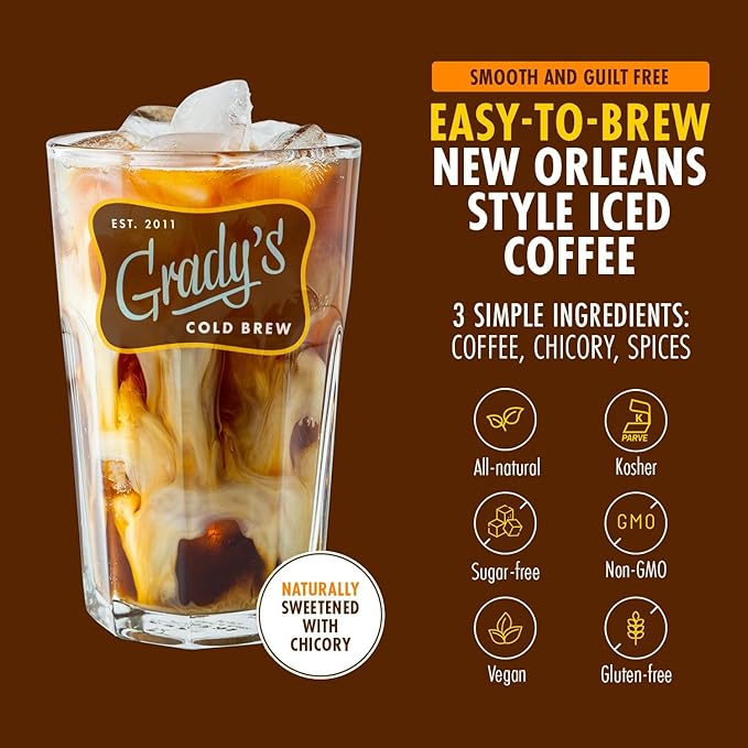 GRADY’S COLD BREW, French Vanilla, 100% Arabica Ground Coffee & Chicory Pouches, TWO Bundles of 4