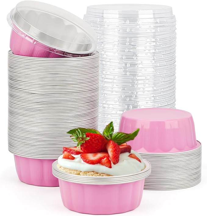 Beasea Disposable Ramekins with Lids Pink, 8oz 100 Pack Aluminum Cups for Baking, Aluminum Foil