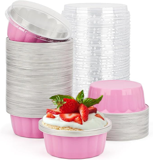 Beasea Disposable Ramekins with Lids Pink, 8oz 100 Pack Aluminum Cups for Baking, Aluminum Foil