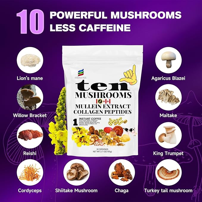 SUNDAFONE Mushroom Coffee with Grass-Fed Collagen, Mullein,Lion's Mane, Reishi and 10 Adaptogenic