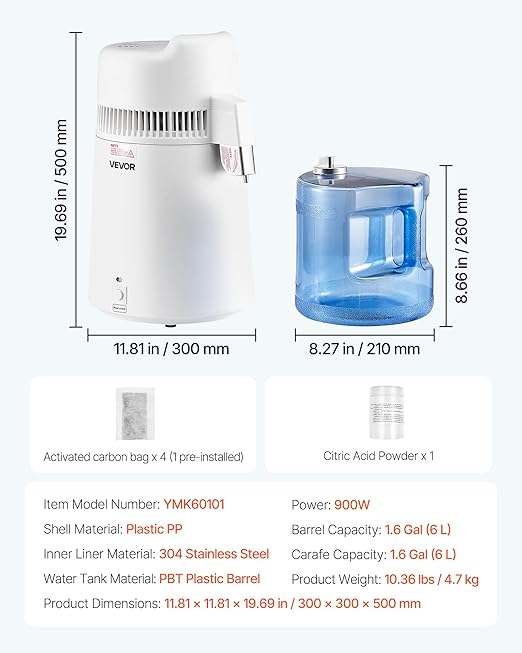 VEVOR Water Distiller, 6L 1.6 Gallon Larger Pure Water Purifier Filter for Home Table Countertop