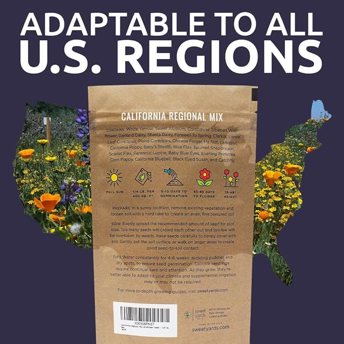 California Wildflower Mixture - Bulk 1/4 Pound Bag - Over 30,000 Native Seeds - Open Pollinated and