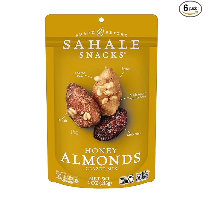 Sahale Snacks Honey Almonds Glazed Mix, 4 oz Pouches (6 Packs) - Dry-Roasted Deluxe Mixed Nuts with