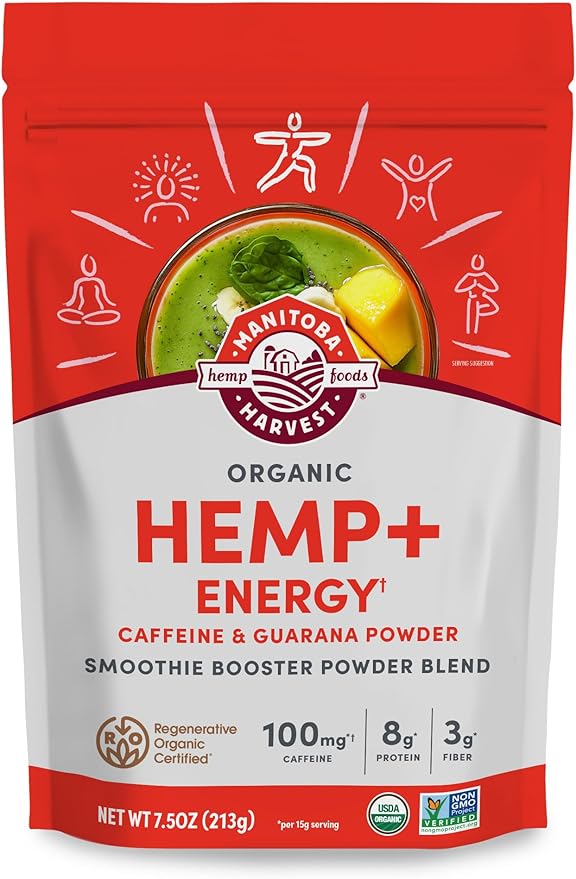 Manitoba Harvest Organic Hemp+ Energy, Caffeine & Guarana Powder, Smoothie Booster Powder Blend