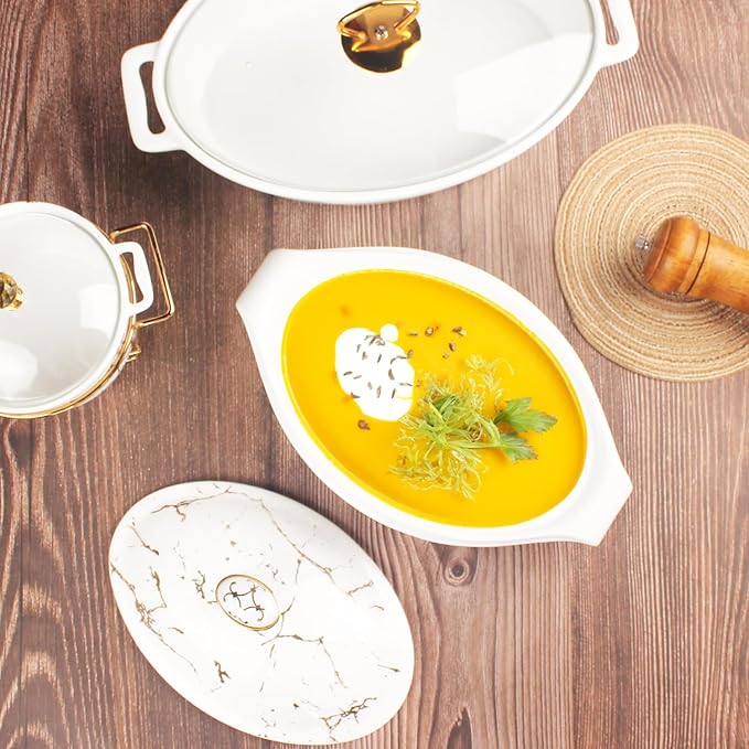8" x 5" Ceramic Casserole Dish with Lid, 15 Ounce Serving Soup Tureen,Chafing Dish for Buffet