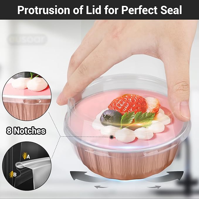 EUSOAR Cake Transport Container, 50pcs 9oz Rose Gold Foil Ramekins Disposable Oven Safe, Dessert