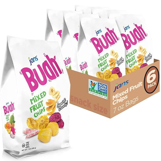 Jans Buah Mixed Fruit Chips, 7 Oz (Pack of 6 ) Tropical Mix of Red Dragonfruit, Pineapple, Banana
