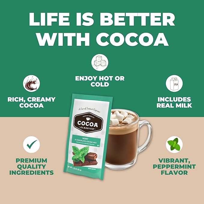 Cocoa Classics Mint Cocoa Mix, Hot Chocolate, Made with Nonfat Milk, Just Add Hot Water, Make Hot