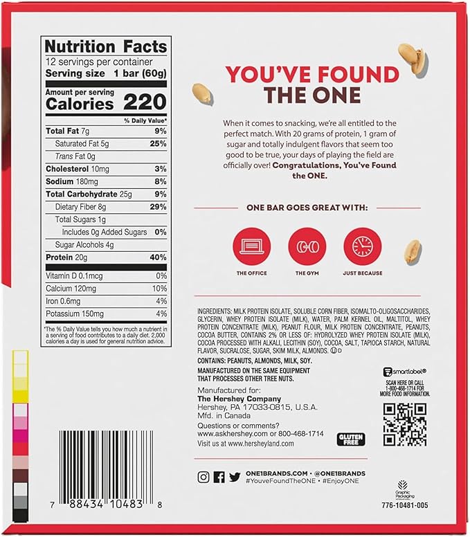 ONE Protein Bars, Peanut Butter Cup, Gluten Free with 20g Protein and 1g Sugar, Pantry Staples