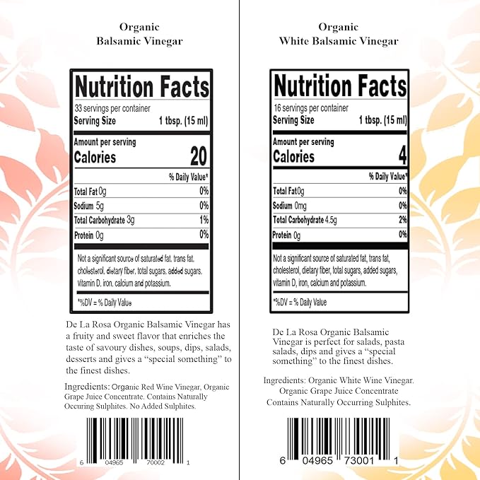 De La Rosa Organic Balsamic & White Balsamic Vinegar, Kosher for Passover, Vegan, Non-GMO & Gluten