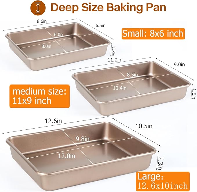 Deep Baking Pans Set, 3-Pieces Rectangle Cake Pan, Nonstick Roasting Pans Set for Thanksgiving