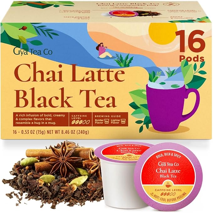 Gya Tea Co Chai Latte Tea Gift Set (16 ct) - High Caffeine Tea Pod with Milk Coconut for Refresh &