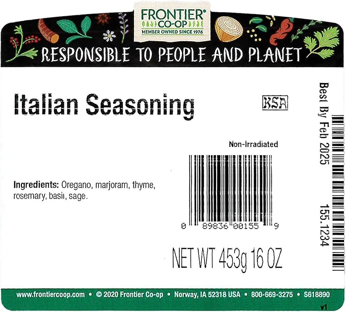 Frontier Co-op Italian Seasoning 1lb - Bulk Dried Oregano, Thyme, Rosemary, Basil, Sage and