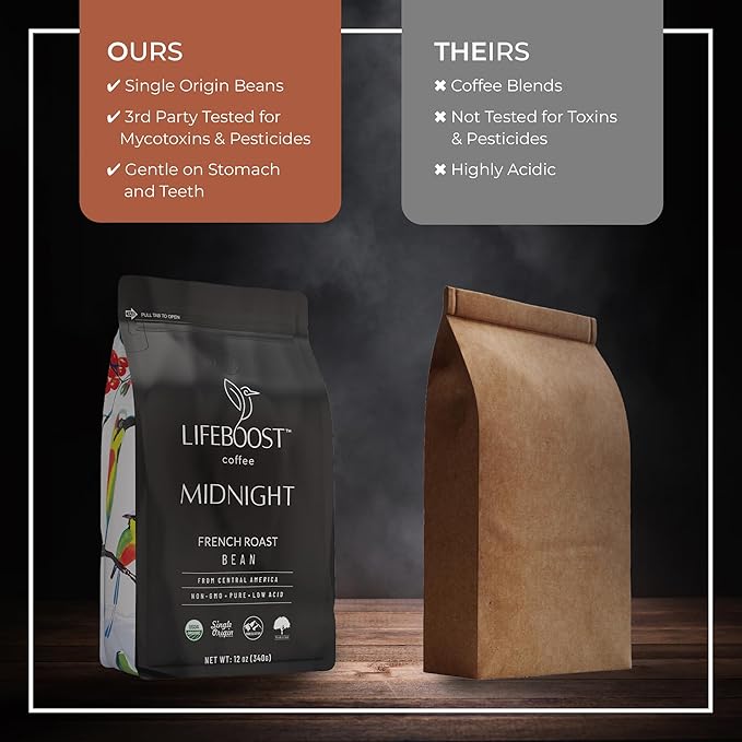 Lifeboost Midnight French Roast Coffee Beans - Single Origin Non-GMO USDA Organic Low Acid French