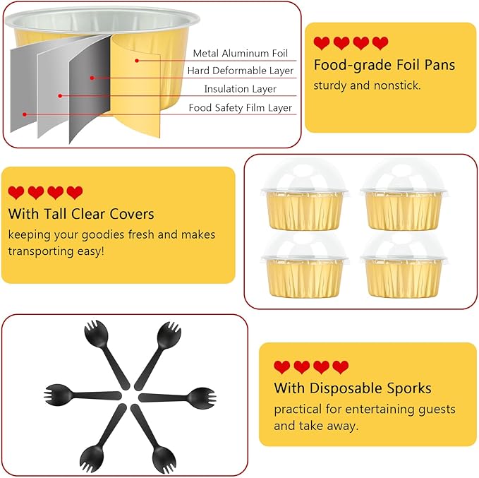 Aluminum Cupcake Liners with Dome Lids 50 Pack,Free-Air 5oz Foil Baking Cups Muffin Tins,Disposable