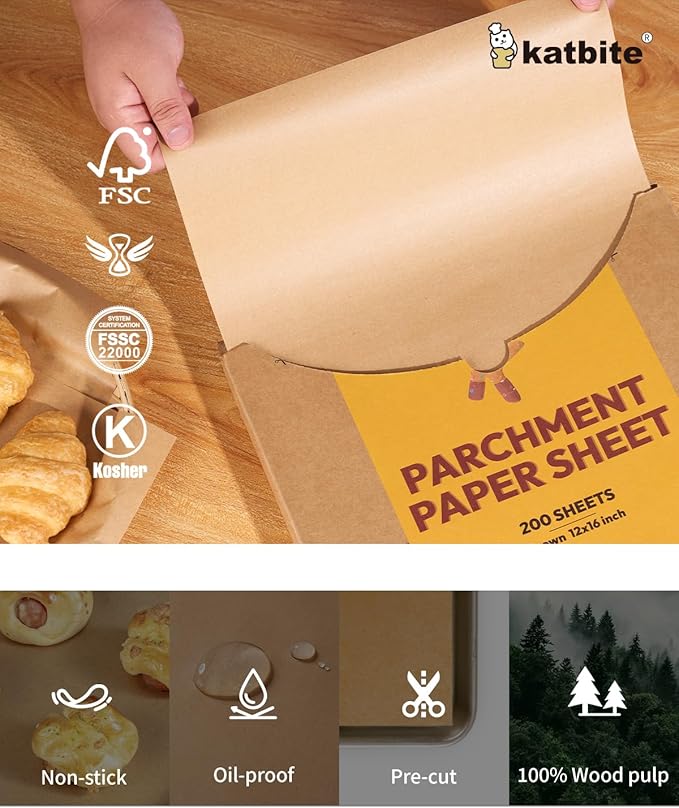 Katbite 200Pcs 12x16 In Unbleached Parchment Paper for Baking, Precut Parchment Paper Sheets, Heavy