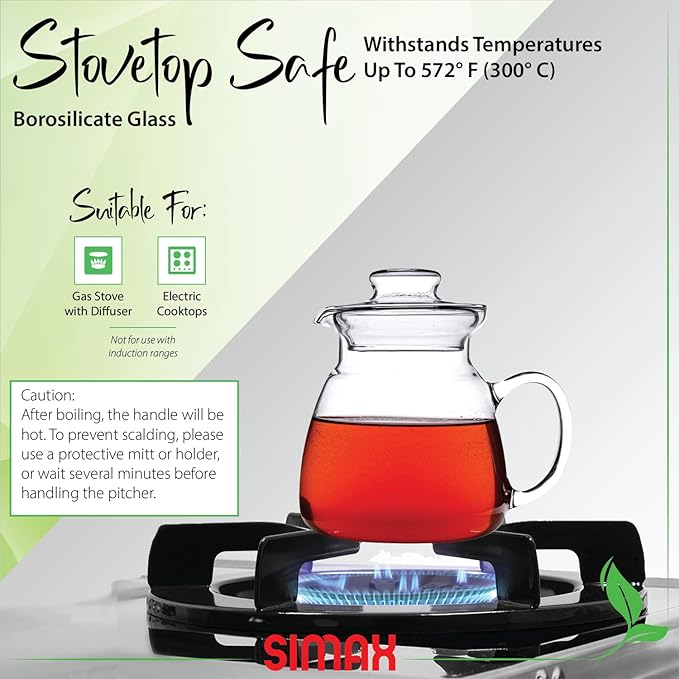 Simax Glassware 20 Oz. Glass Teapot | Short Spout, Microwave and Stovetop Safe, Heat, Cold, and