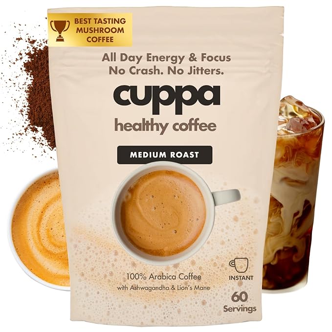 Cuppa Healthy Mushroom Insant Coffee with Lion's Mane & Ashwagandha for All Day Energy & Focus - No