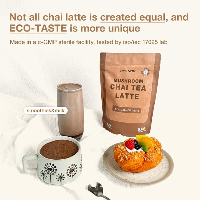 Chai Tea Latte with Mushrooms - 30 Servings, 30% Beta-Glucans - Lion's Mane, Reishi Spore, Turkey