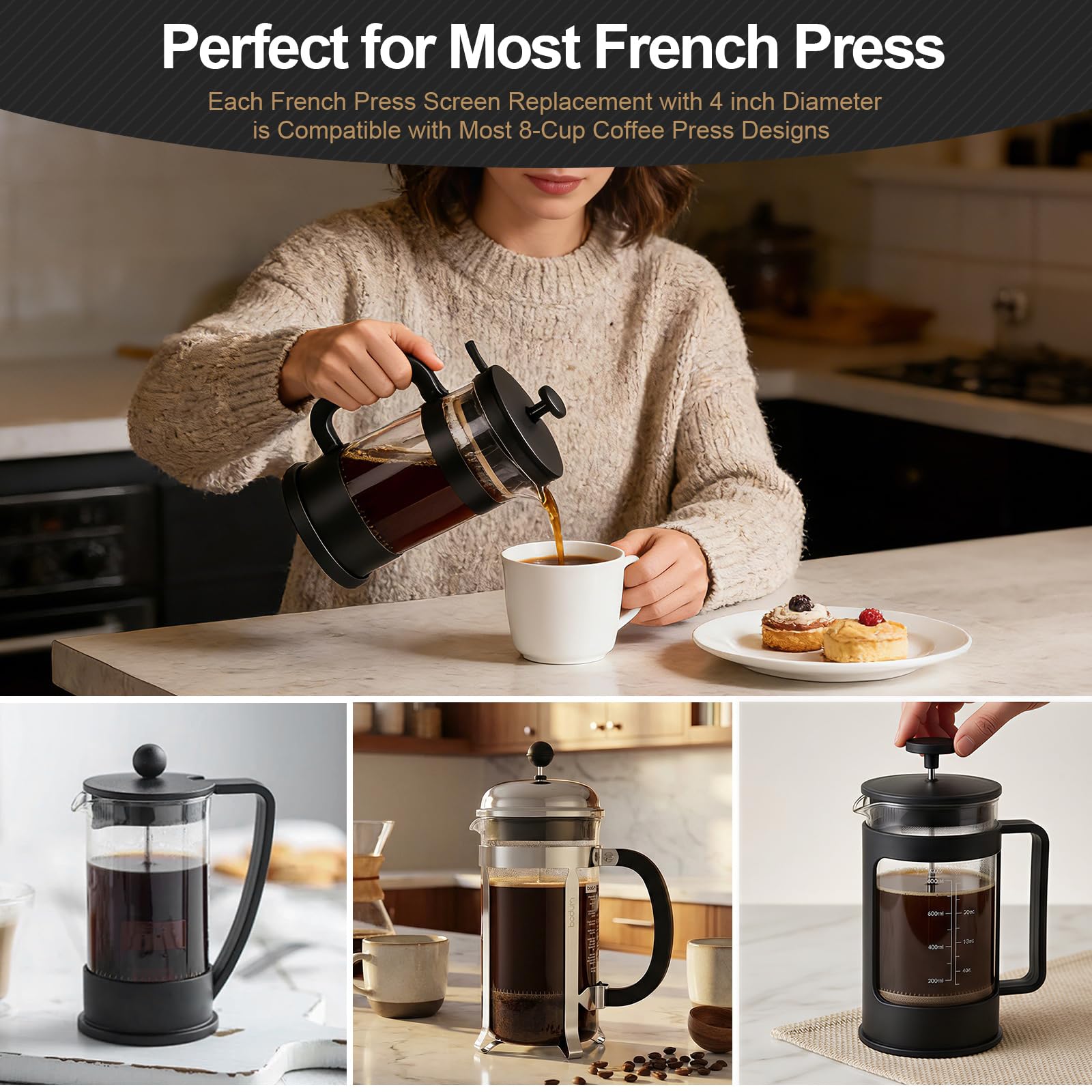 6 Packs French Press Filters Replacements, 4 Inch Premium Stainless Steel French Press Screen