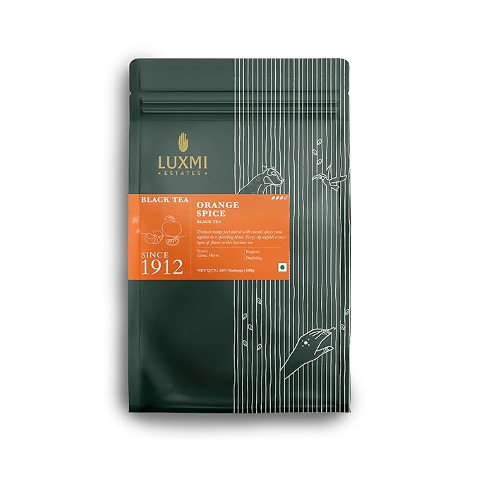 Luxmi Estates Orange Spice Black Tea 50 Tea Bags (100g) Pack | Certified Organic Black Tea |
