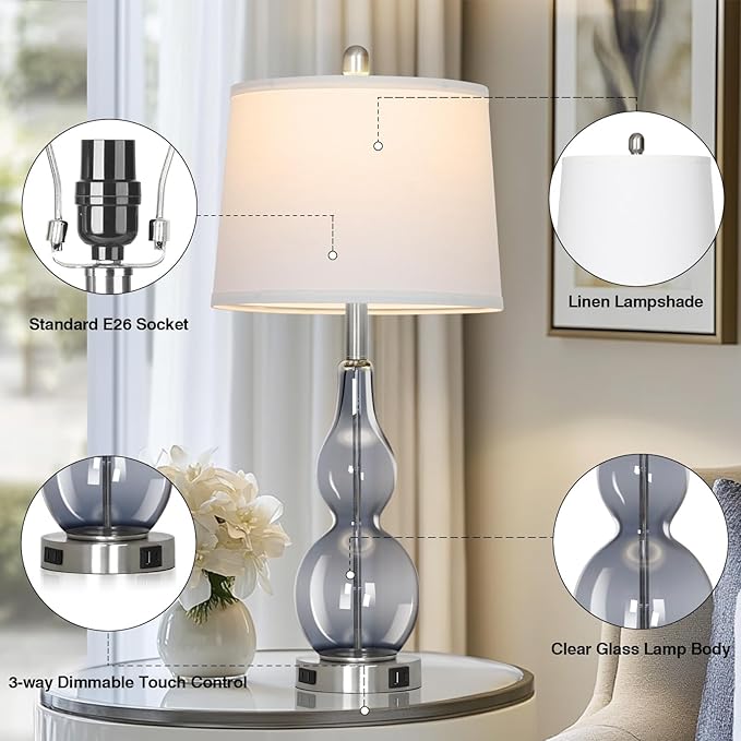 27.5" Gray Clear Glass Table Lamp Set of 2,3-Way Dimmable Touch Control Bedside Lamps with USB