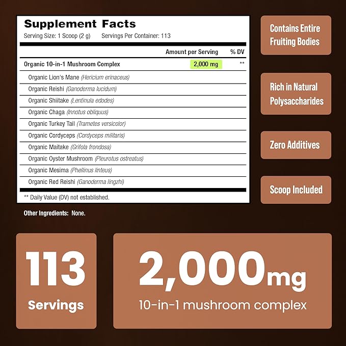 NutraChamps Organic Mushroom Powder - 10-in-1 Complex - Mushroom Supplement Powder Blend for