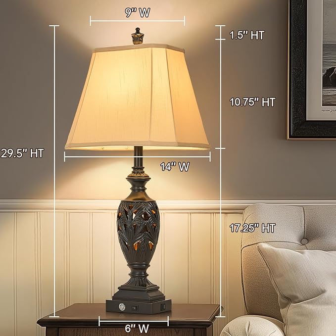 29.5" H Touch Traditional Table Lamp Set of 2,Vintage Bedside Nightstand Lamps with Dual USB and