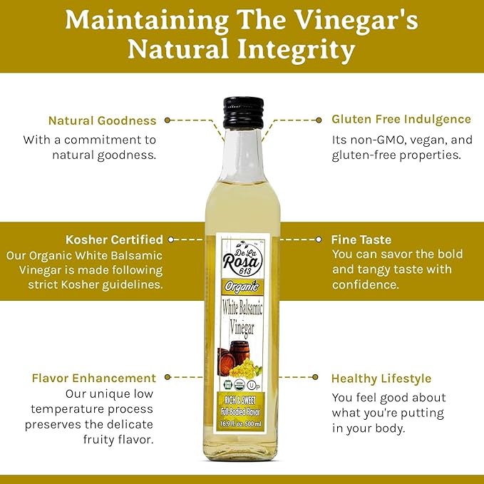 De La Rosa Organic White Balsamic Vinegar, Aged in Spanish Wood Barrels, Kosher for Passover, Vegan