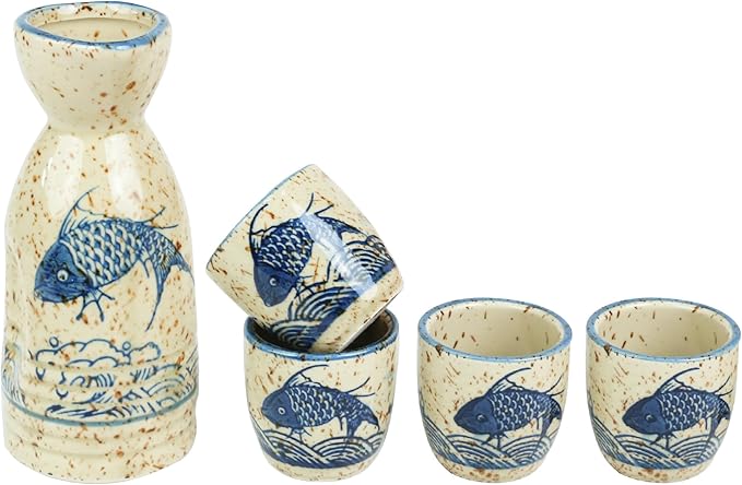 Ceramic Sake Set, 5pcs Japanese Saki Set with 1 Sake Carafe 4 Sake Cups, Saki Cup Set as Gift for