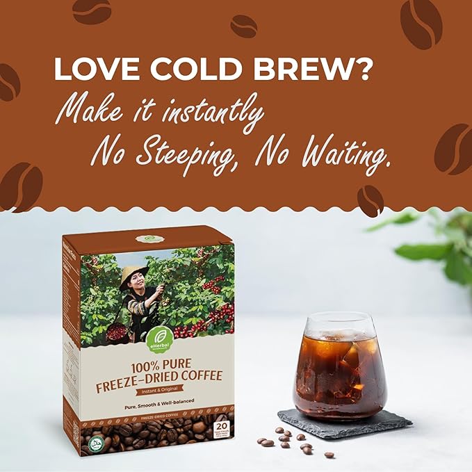 eHerbal Vegan Calming Instant Coffee Powder, plant base freezed dried Cold Brew 20 Packs | Smooth &