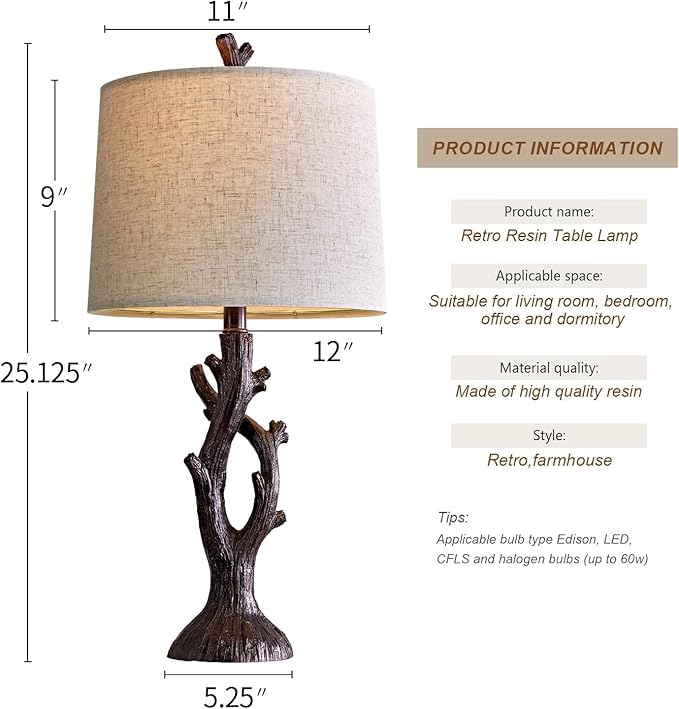 OYEARS 25" Farmhouse Table Lamp Set of 2 for Living Room Bedroom Resin Bedside Tree Lamp Nightstand