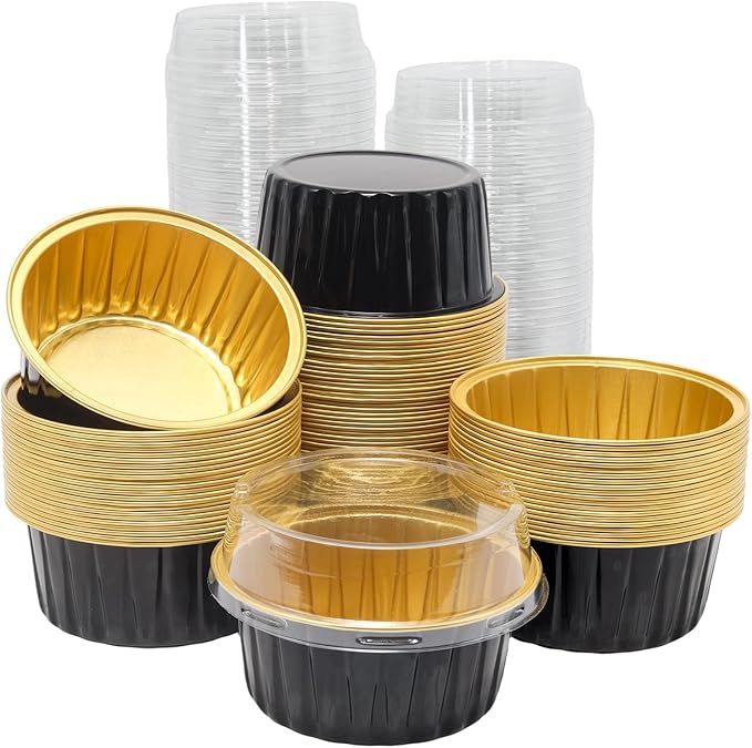 100 Pack 4.2oz Aluminum Cups with Lids Mini Flan Containers with Lids Cupcake Baking Cups, Black