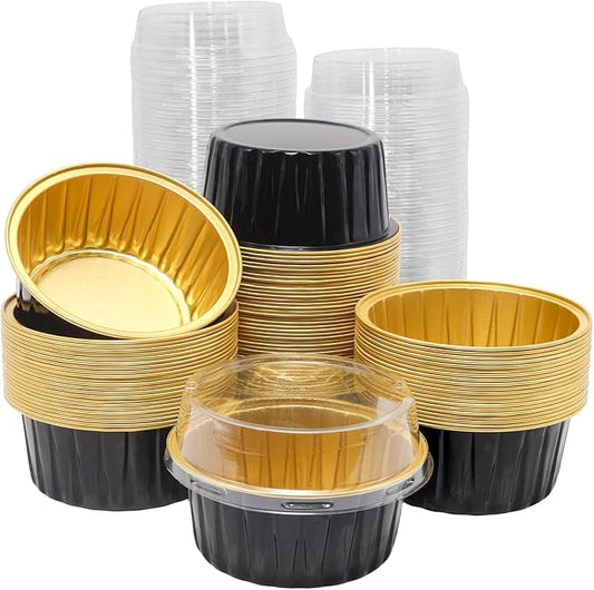 100 Pack 4.2oz Aluminum Cups with Lids Mini Flan Containers with Lids Cupcake Baking Cups, Black