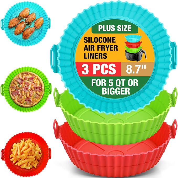 3 Pack Air Fryer Silicone Liners for 5 QT or Bigger, Reusable Food Grade Silicone Airfryer Liners