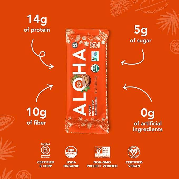 ALOHA Organic Plant Based Protein Bars - Peanut Butter Cup Bar - 12 Bars, Vegan, Low Sugar