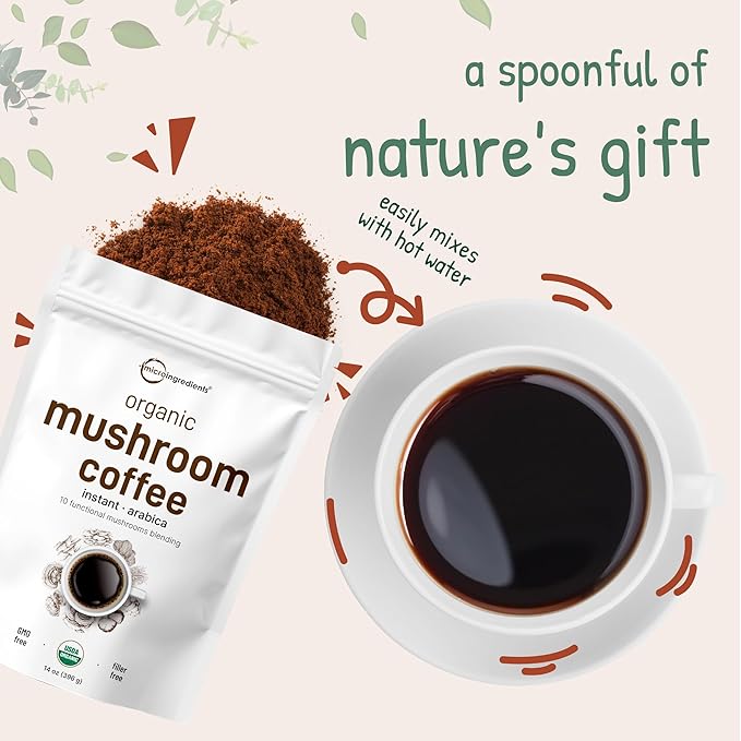 Organic Instant 10 in 1 Mushroom Coffee Powder, 14 Ounce (158 Servings) | Weight & Immune Support |