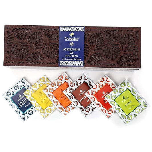 Octavius Gift's Select - Assorted Tea in Leafcut Design Wooden Box | 6 Flavors, 60 Tea Bags | Black