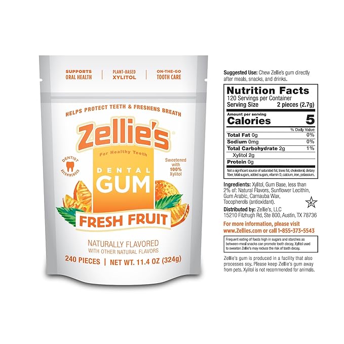 Zellie's | 100% Xylitol Fresh Fruit Chewing Gum | No Aspartame, Gluten Free, Vegan & Kosher (240