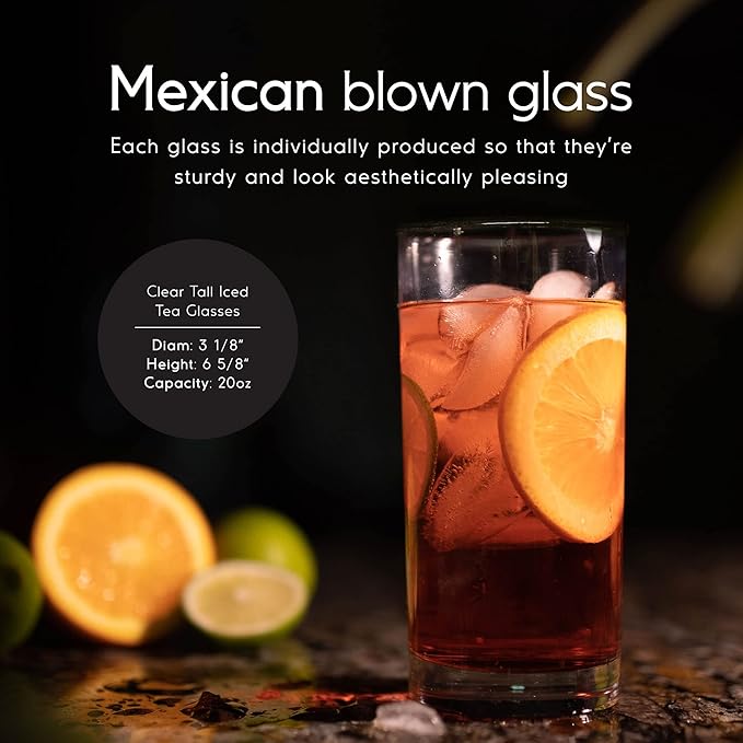 Clear 20 oz Tall Iced Tea Glasses (set of 6), Hand Blown Mexican Glassware, Recycled Glass Drinking