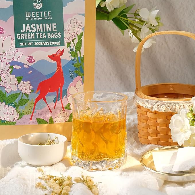 WT WEETEE Jasmine Green Tea Bags, 100 Count Jasmine Scented Green Tea, Refreshing & Relaxing, No