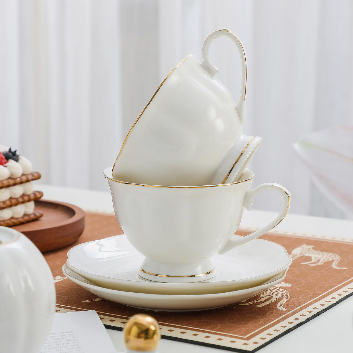 PRECITIME White Ceramic Tea Cup and Saucer Set of 8 (16-Piece) - 6oz Elegant Porcelain Cups with