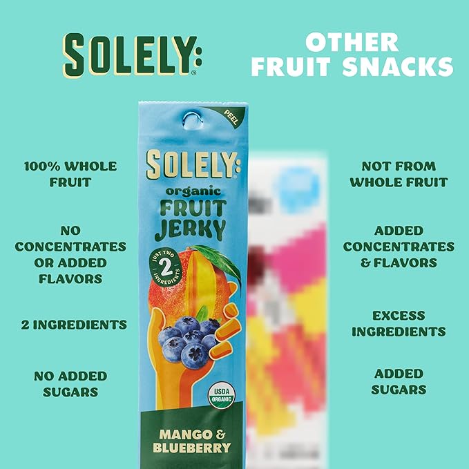 SOLELY - Organic Mango Blueberry Fruit Jerky - 12 Individually Wrapped Strips - Fruit Leather Made