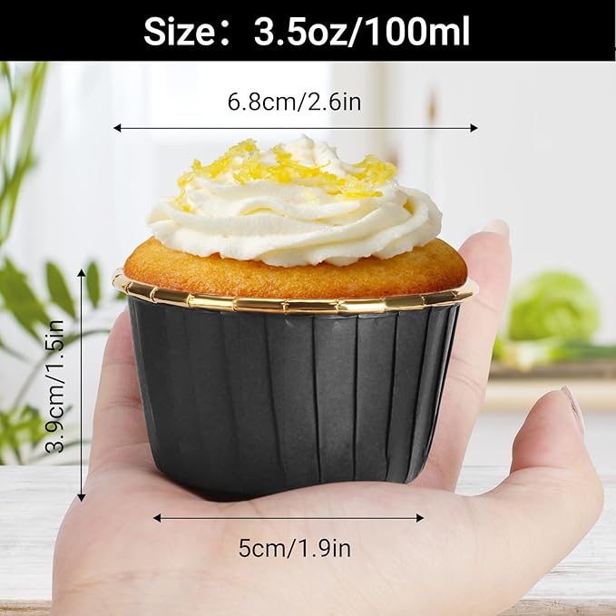EUSOAR Foil Cupcake Liners, 3.5oz 50pcs Black Gold Disposable Mini Muffin Liners, Individual