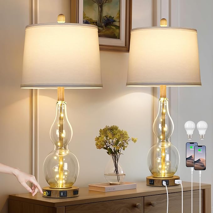 27.5" Clear Glass Table Lamp Set of 2 with Night Light,Bedside Lamps with USB Ports and AC Outlet