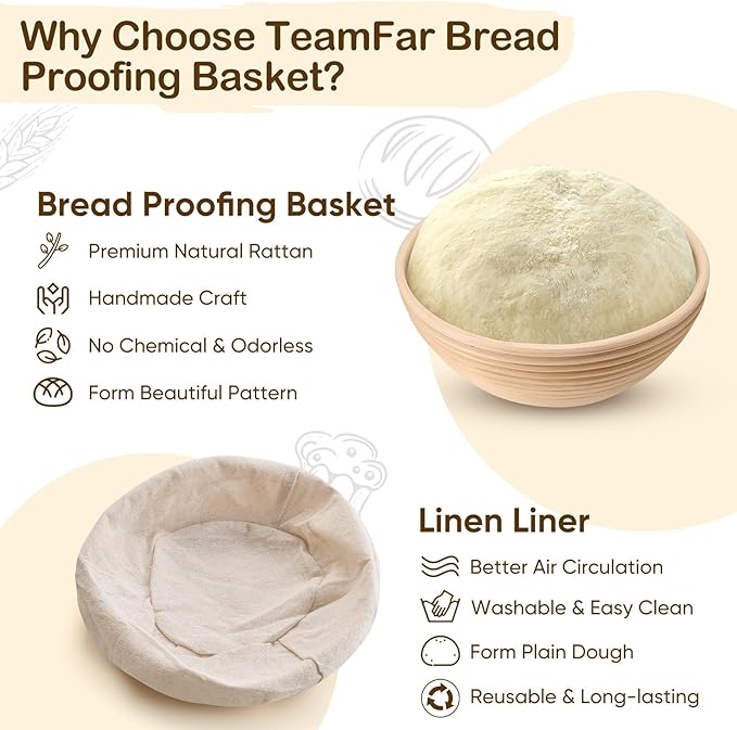 TeamFar Bread Proofing Basket Set of 2, Sourdough Bread Baking Supplies, 9 Inch Round Proofing