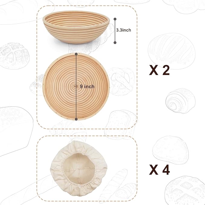 Banneton Bread Proofing Basket set of 2, 9 Inch Round Sourdough Proofing Baskets with Liner,Dough