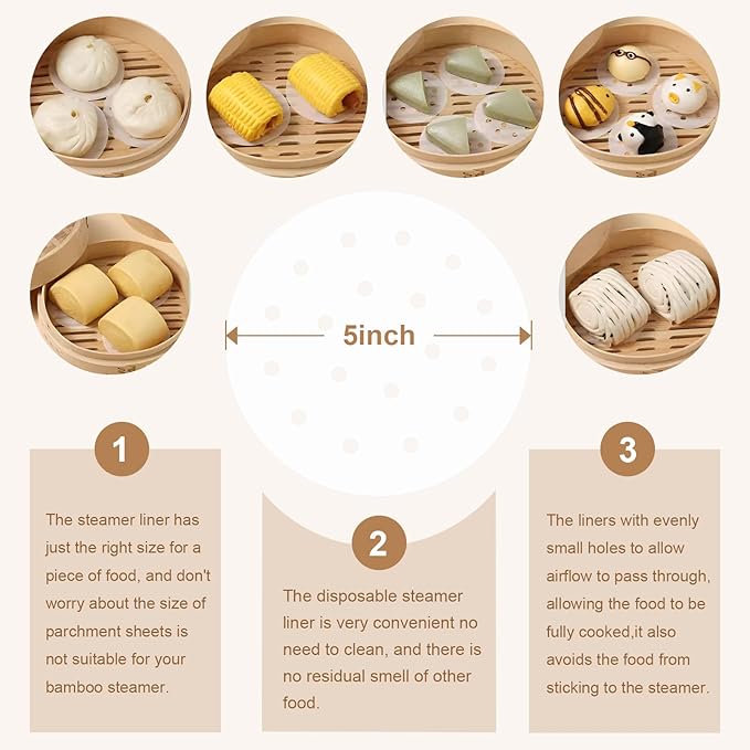 200pcs Air Fryer Liners, 5 inches Bamboo Steamer Liners, Premium Perforated Parchment Steaming