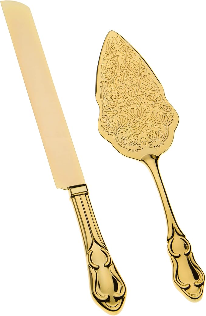 Ella Celebration Gold Wedding Cake Knife & Server Set, Vintage Cake Cutting Utensils, Party
