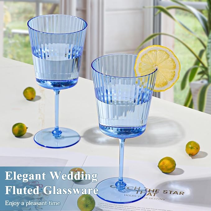 24 PCS Blue Ribbed Plastic Wine Glasses 13.5 OZ Ribbed Wine Glasses Detachable Wine Glass Elegant
